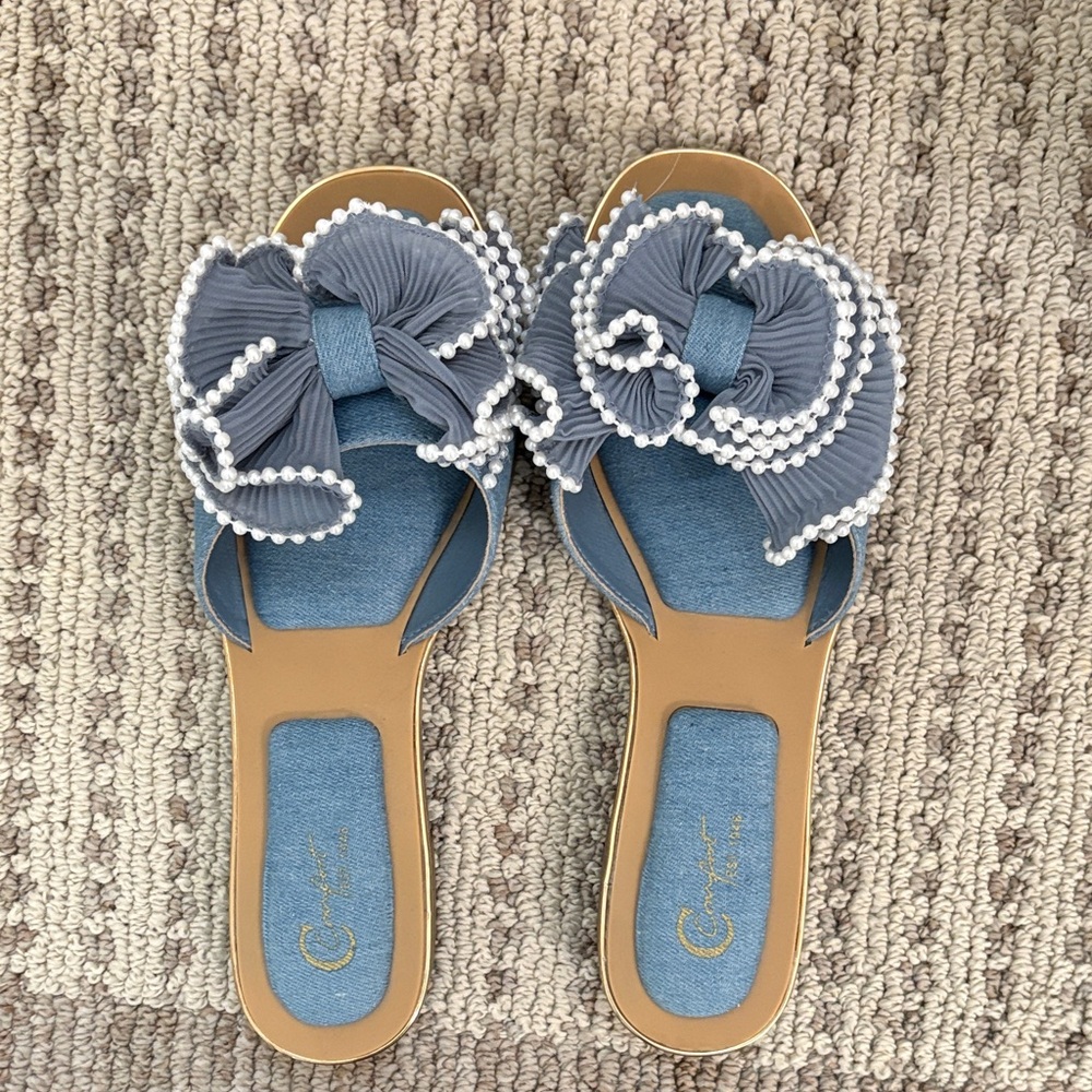 Cato Blue Sandals with Bow and Pearl Accents